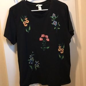 H&M Black Floral Embroider Short Sleeve Size L